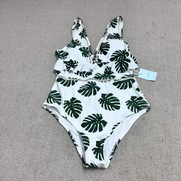 Cupshe One Piece Swimsuit White Green Floral Women’s Size Large NWT - Picture 5 of 11